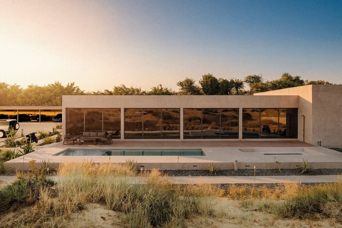 Low wide view of the glass elevation across the pool with sun flare
