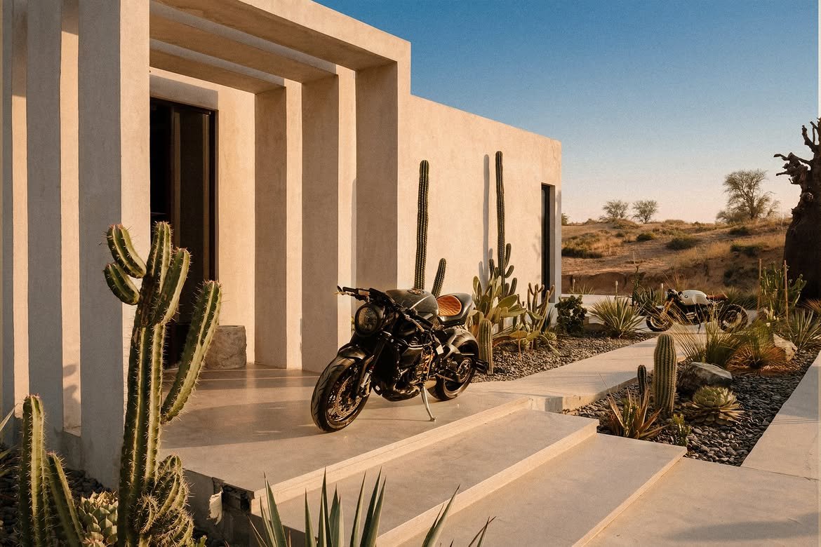 The entrance colonnade with cacti and a motorcycle parked beneath it