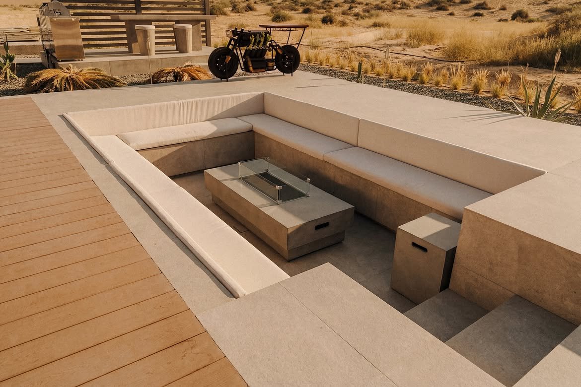 Top-down view of the sunken concrete fire pit, a buggy parked beyond it