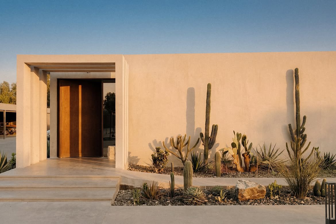 The timber front door set into a cream wall