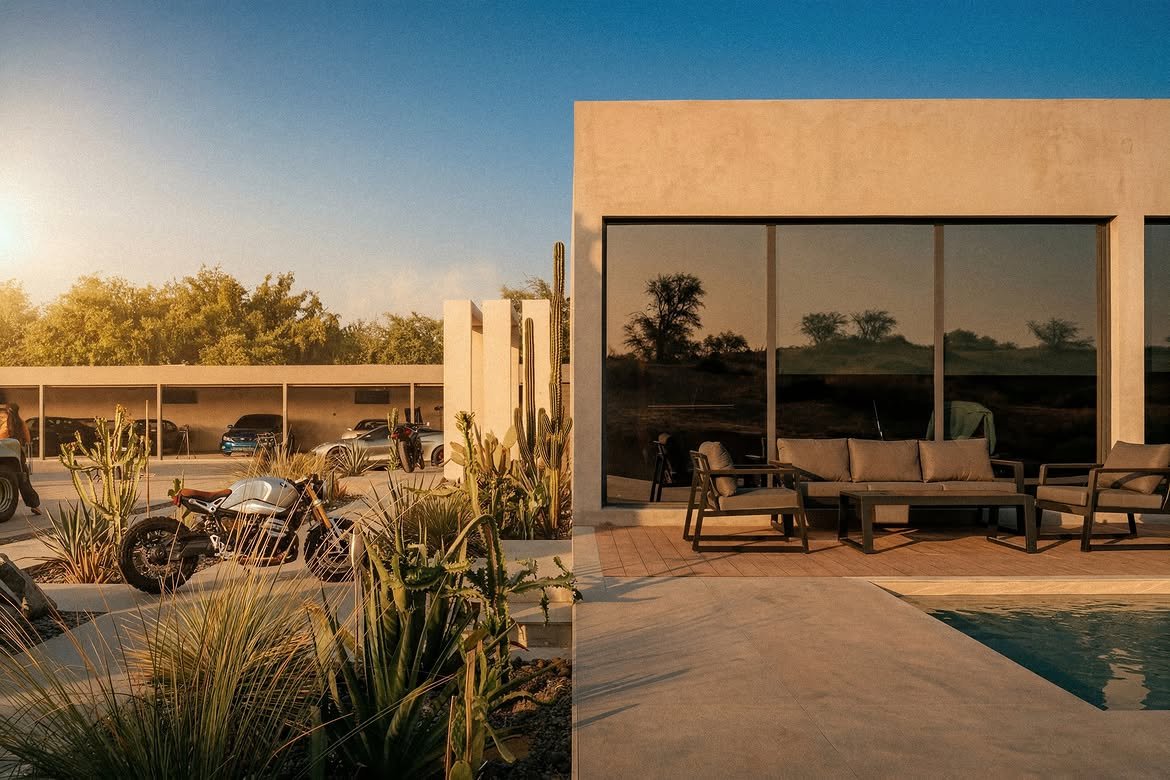 Terrace seating and a motorcycle against the glass in low sun