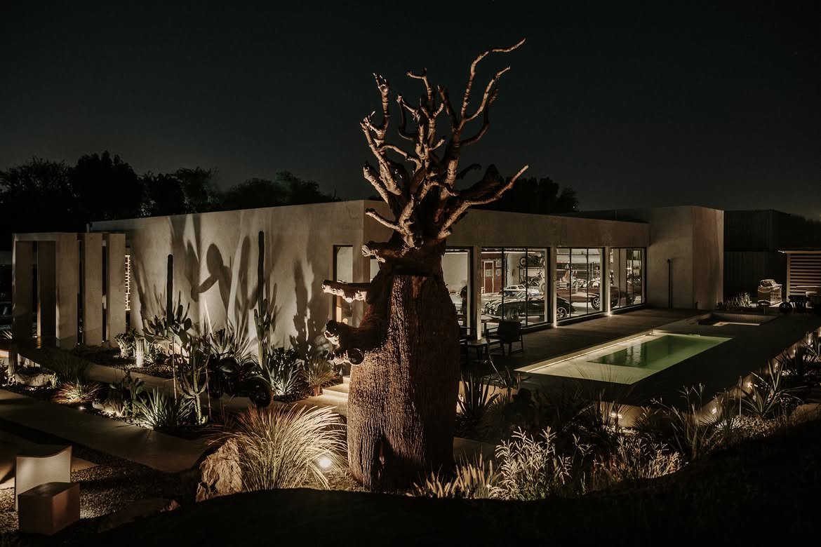 The same baobab lit from below after dark, the pool glowing